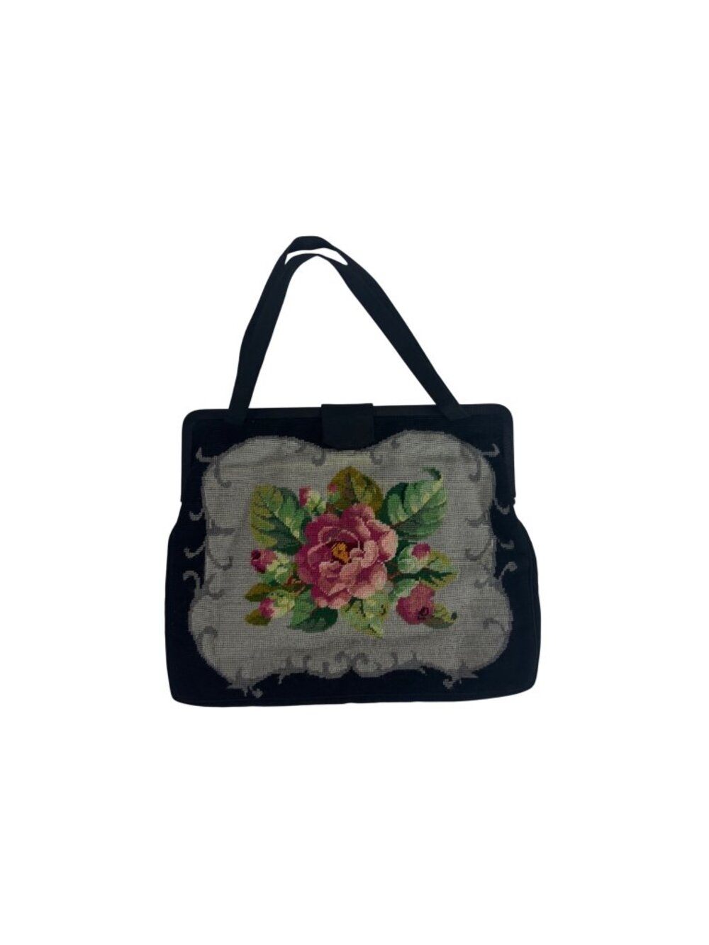 Vintage 40s Needlepoint Purse Womens Pink Floral Motif Black Handbag